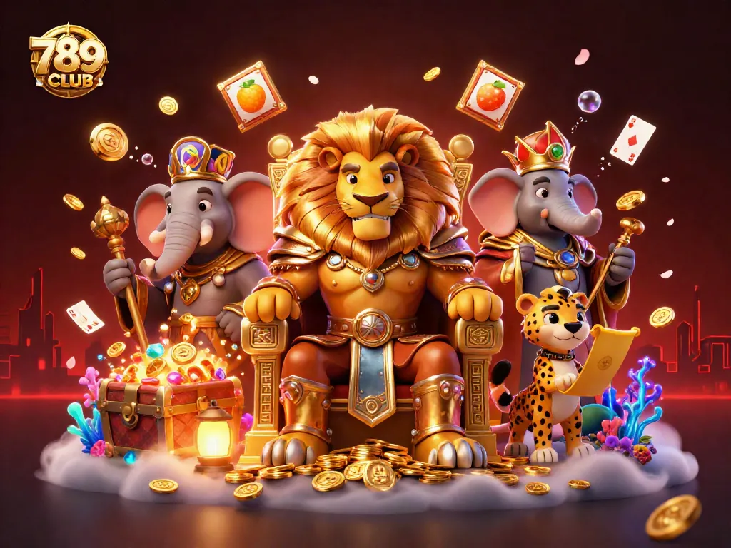 Engage with 789CLUB in a vibrant and dynamic casino scene featuring a majestic lion king.