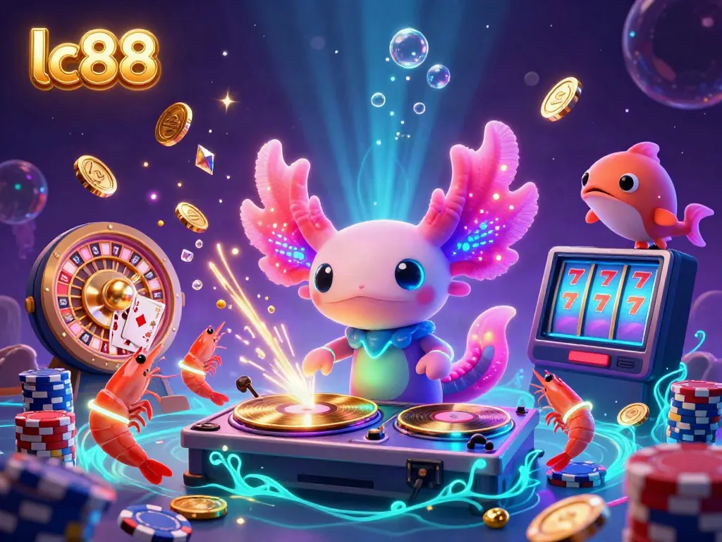 Vibrant lc88 casino scene featuring a neon axolotl DJ and lively underwater elements.