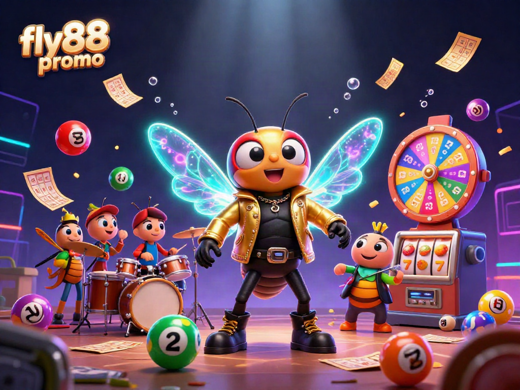 Experience the excitement of the fly88 promo with a vibrant lottery scene featuring a cicada rock star.