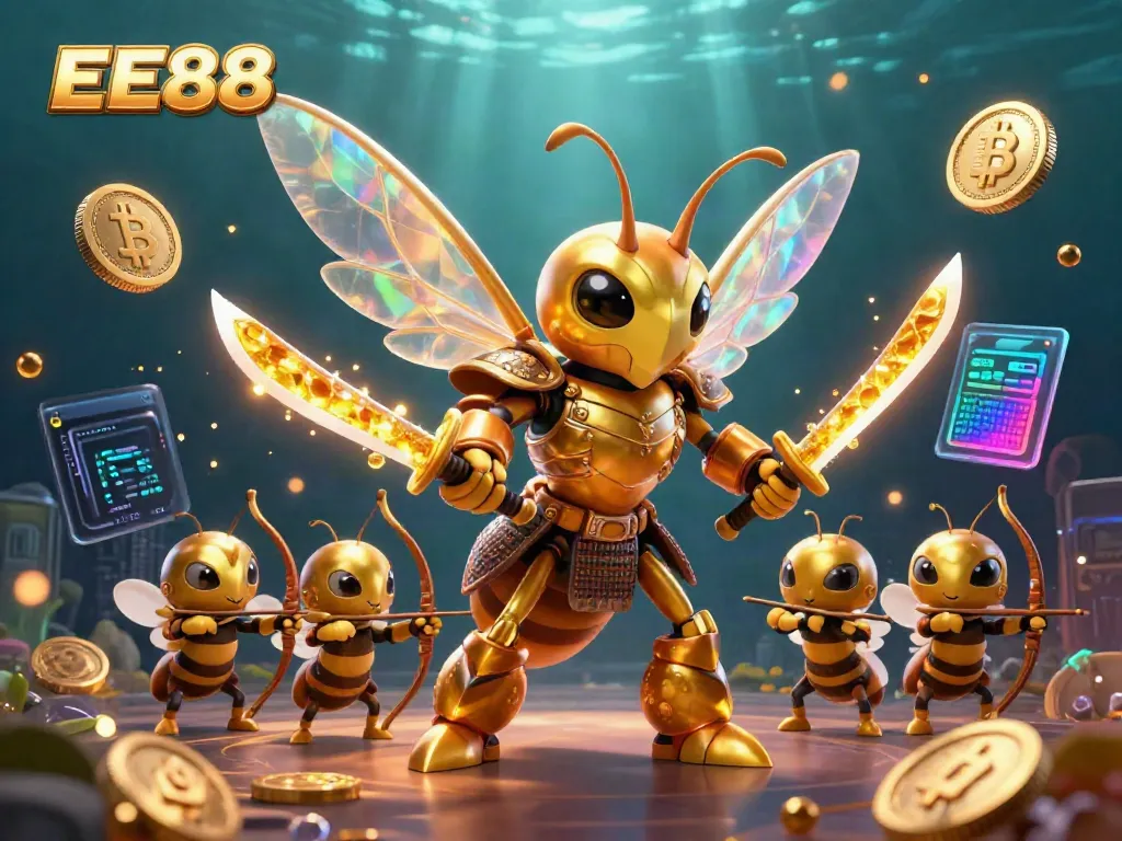 Experience the excitement of EE88 with a vibrant 3D illustration showcasing a golden hornet samurai and crypto elements, enhancing the betting atmosphere.