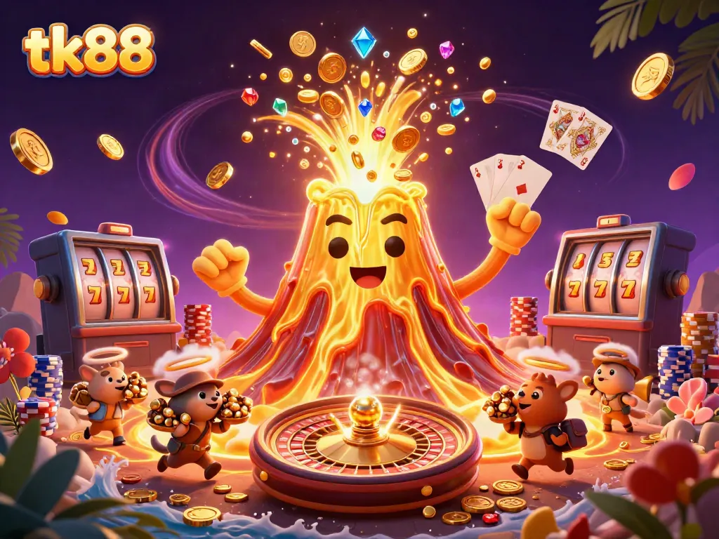 Immerse in the vibrant tk88 casino scene with golden volcanoes and treasure-filled adventures.