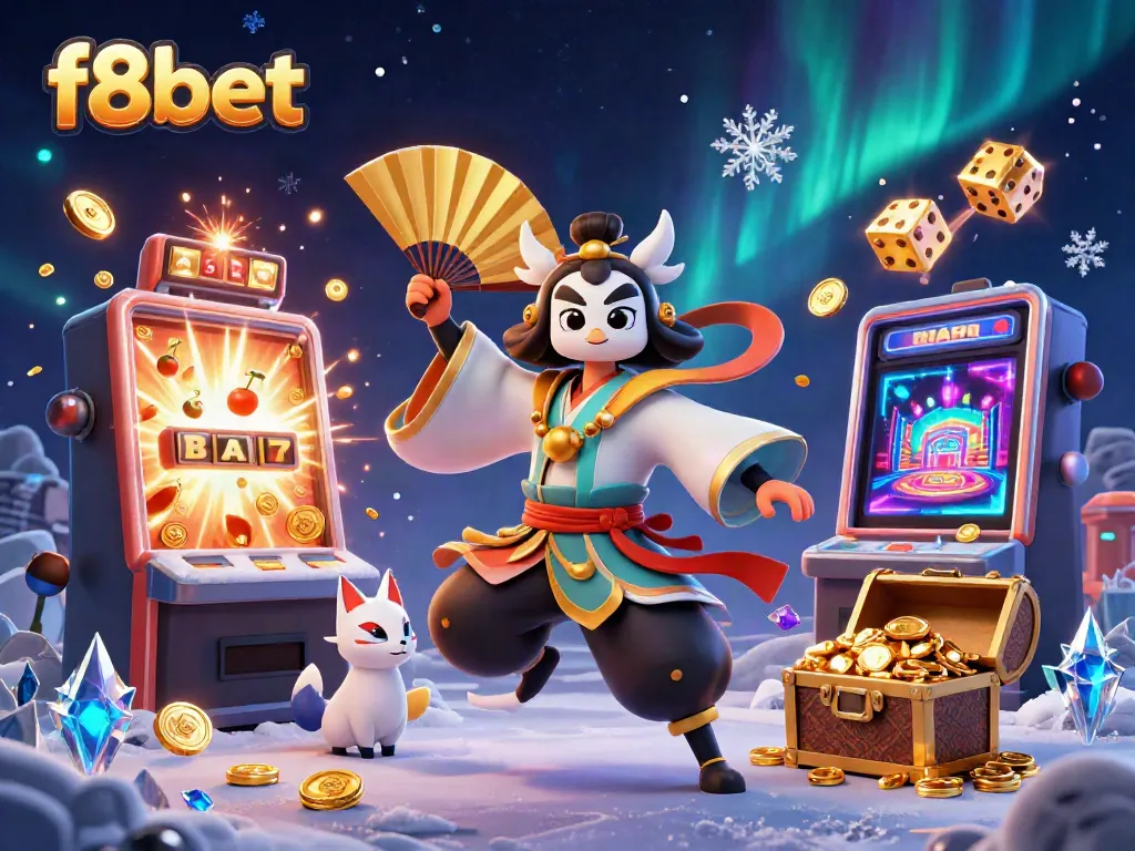 Engage with f8bet's vibrant 3D illustration showcasing a kabuki warrior and rich casino elements.