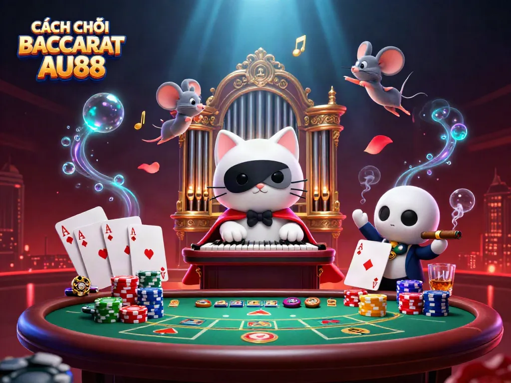 CÁCH CHƠI BACCARAT AU88 scene depicting a cat at a baccarat table overflowing with chips and cards