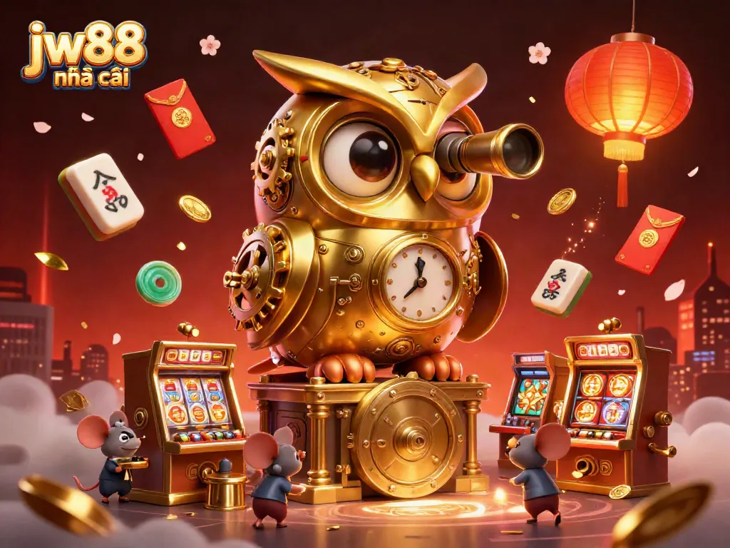 Animate your betting journey with jw88 nhà cái, featuring a golden owl overseeing festive casino elements.