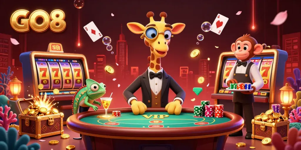 Experience the excitement of GO8 with high-roller giraffe, monkey valet, and chameleon bartender amidst dynamic casino elements.