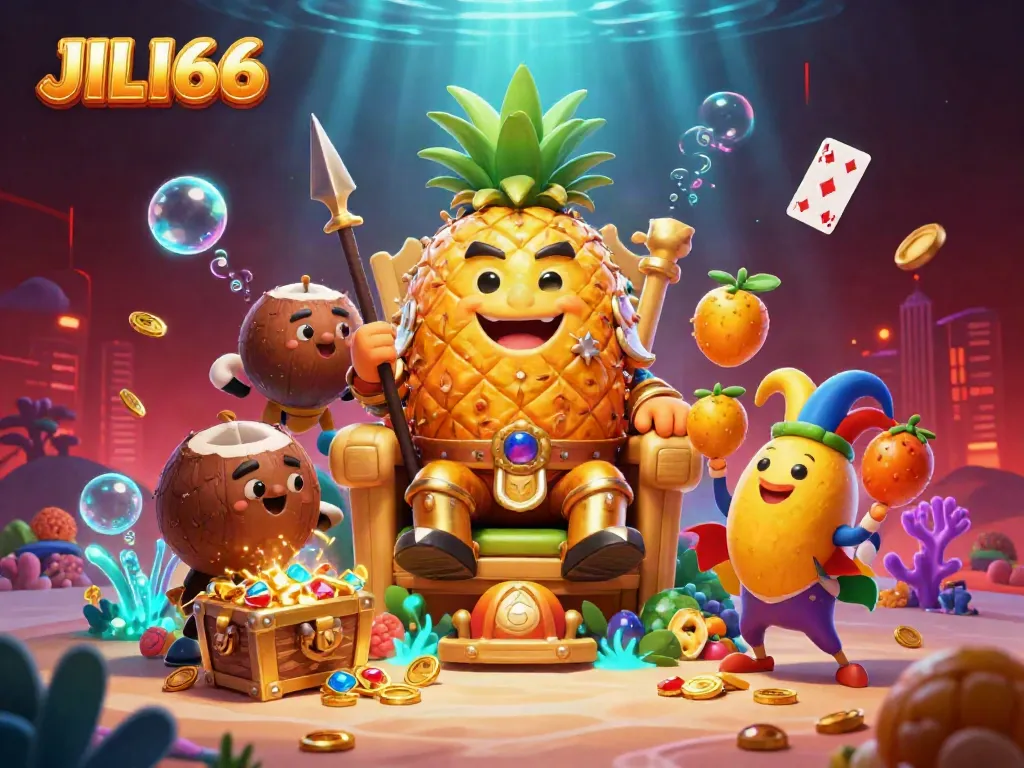 Experience JILI66's vibrant casino scene featuring the golden pineapple king, coconut guards, and treasure.