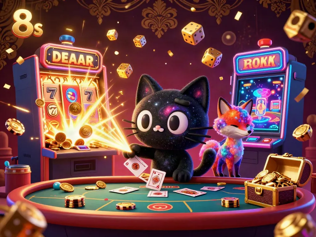 Engaging scene where the 8s black hole cat and nebula fox animate the cosmic casino with charming golden chips and cards.