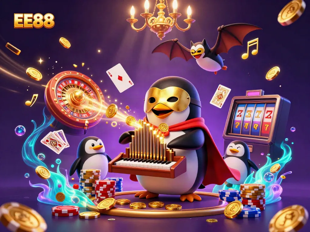 Experience the thrill of EE88 with vibrant gaming elements, from roulette wheels to winning cards.