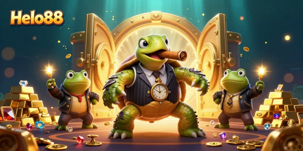 Experience vibrant gaming with Helo88 as a surreal scene featuring cartoon turtle mobster and bullfrog enforcers with casino treasures.