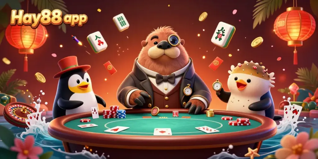 Engage with the vibrant Hay88 app featuring a jolly walrus and poker table in an underwater scene.
