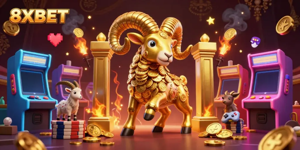 Engage with 8XBET's vibrant casino scene featuring golden ram and arcade games.