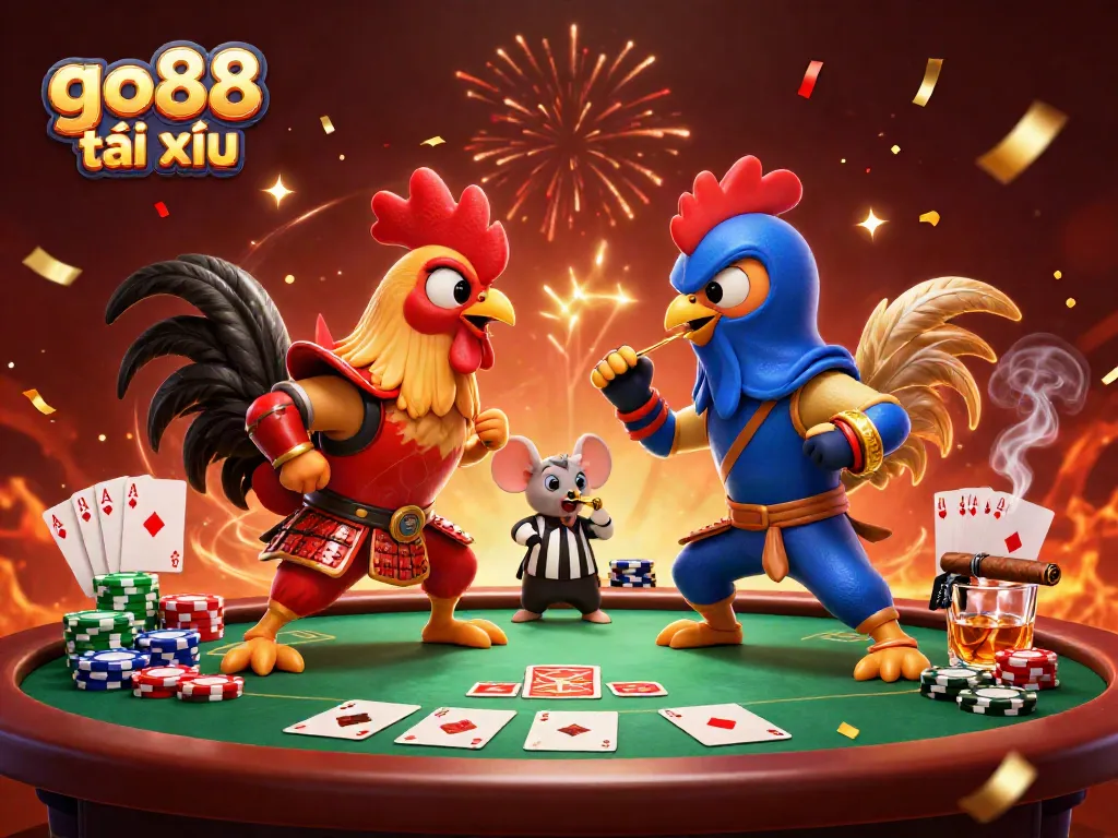 Play go88 tài xỉu with thrilling cartoon roosters and vibrant casino elements in this action-packed illustration.
