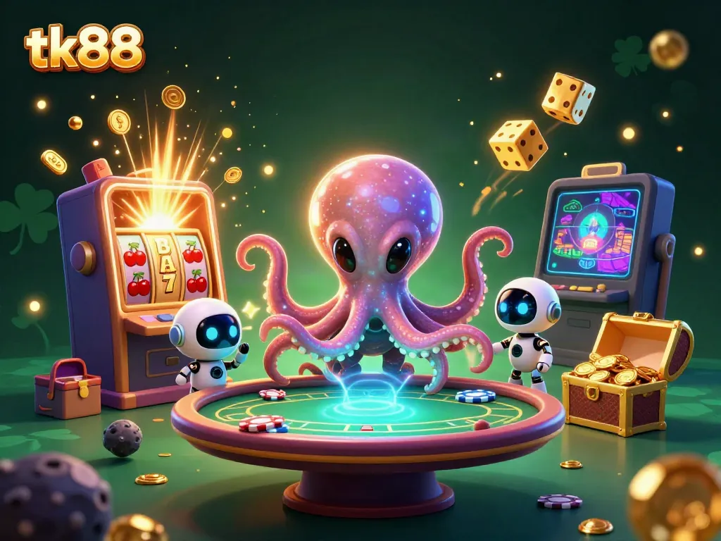 Engage in thrilling gameplay at tk88 with a vibrant alien-themed casino scene, showcasing holographic poker tables and chaotic jackpots.