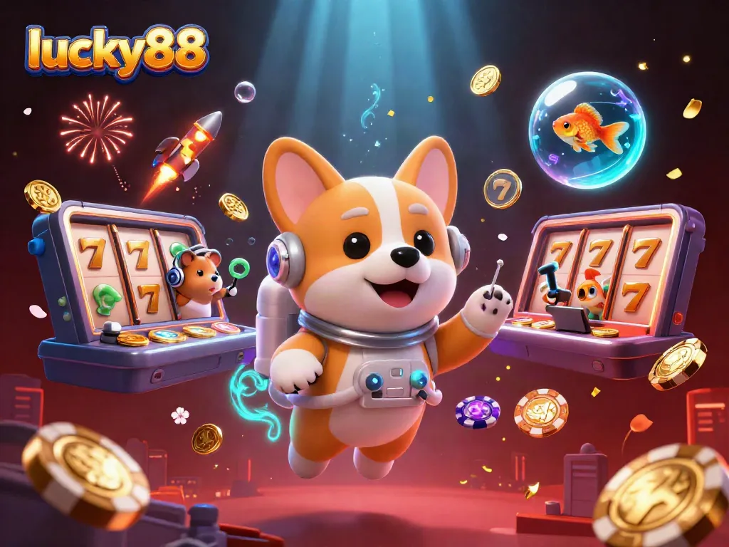 Experience thrilling adventures with lucky88 as a cartoon corgi astronaut explores a vibrant casino world.