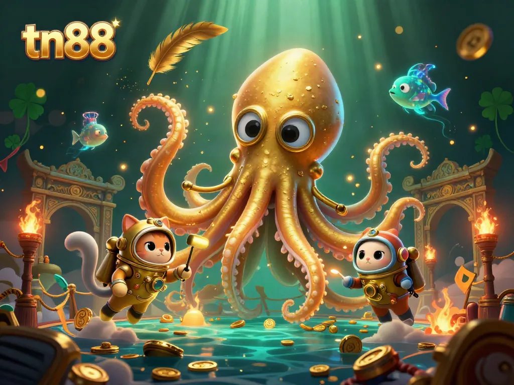 Experience thrilling gaming with tn88, where a colossal kraken meets a diving cat in an exciting casino-themed scene.