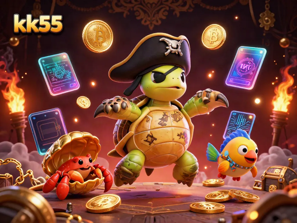 Engage in thrilling gameplay with pirate-themed characters at kk55, highlighted by glowing cryptocurrency elements.