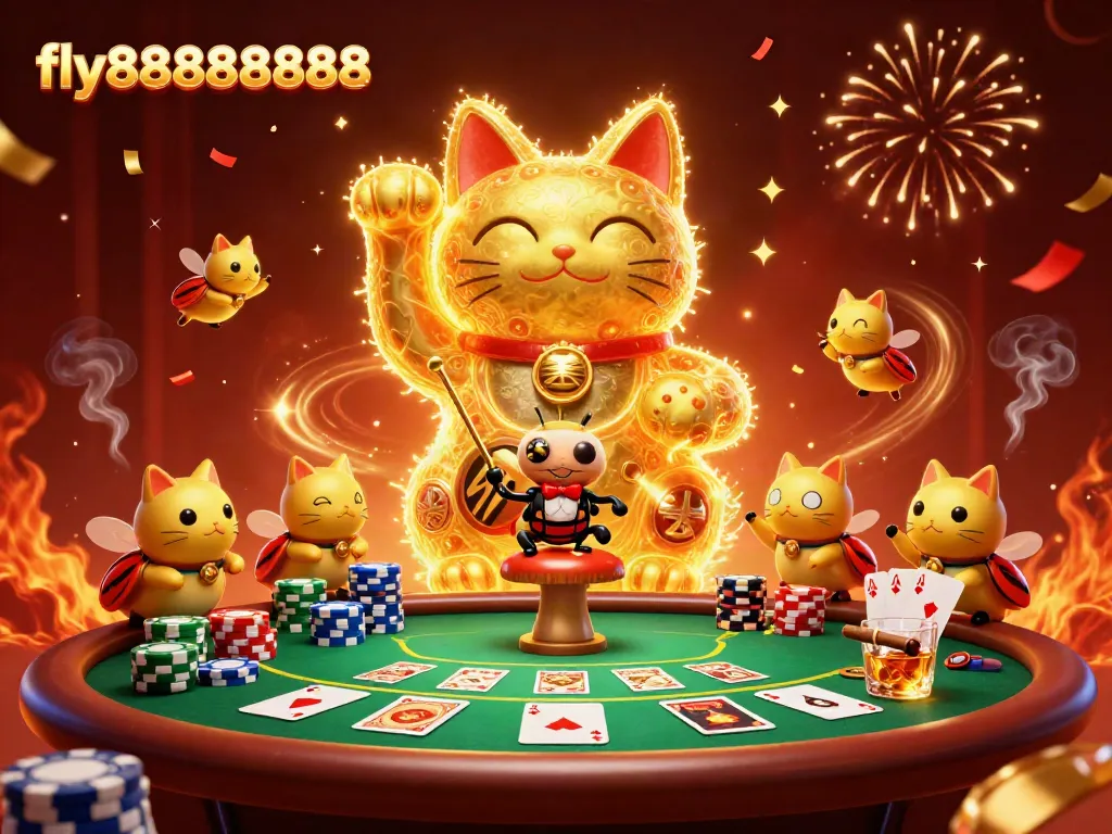Engage with the exciting energy of fly88888888 through a vibrant lucky cat and casino symbols illustration.