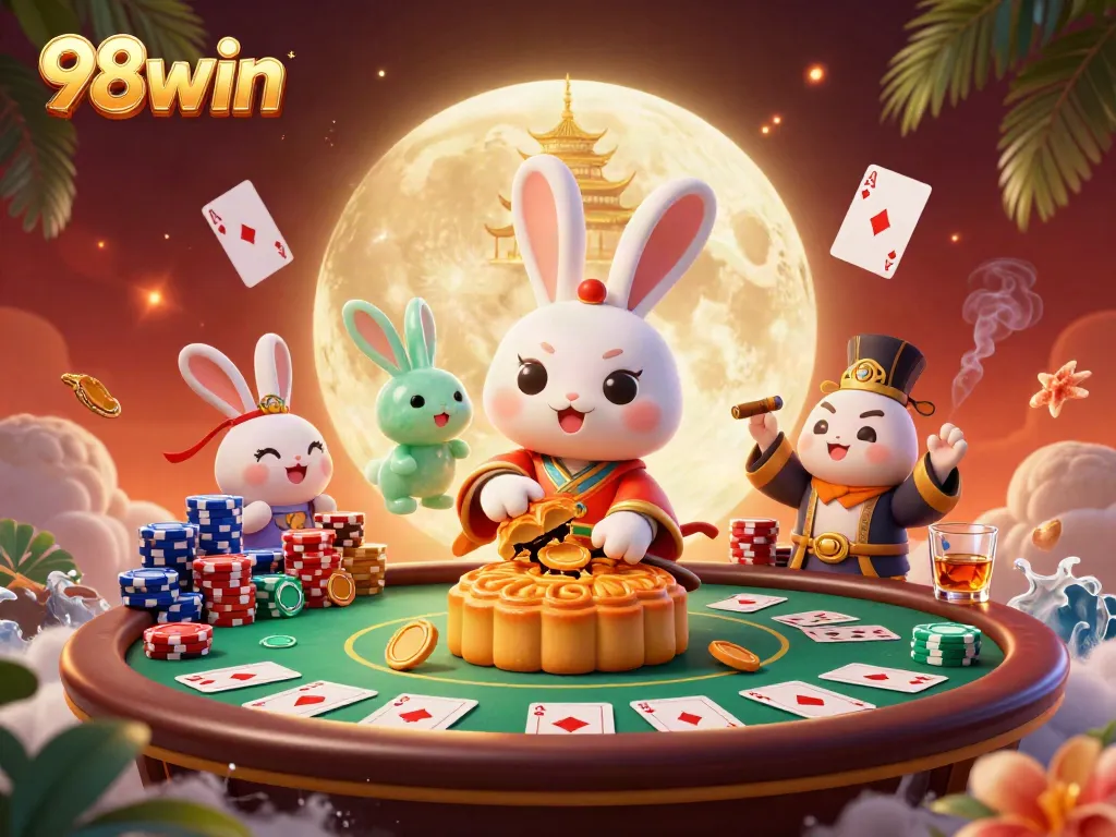 Experience the excitement of 98win with a vibrant casino scene showcasing a moon rabbit and poker elements.