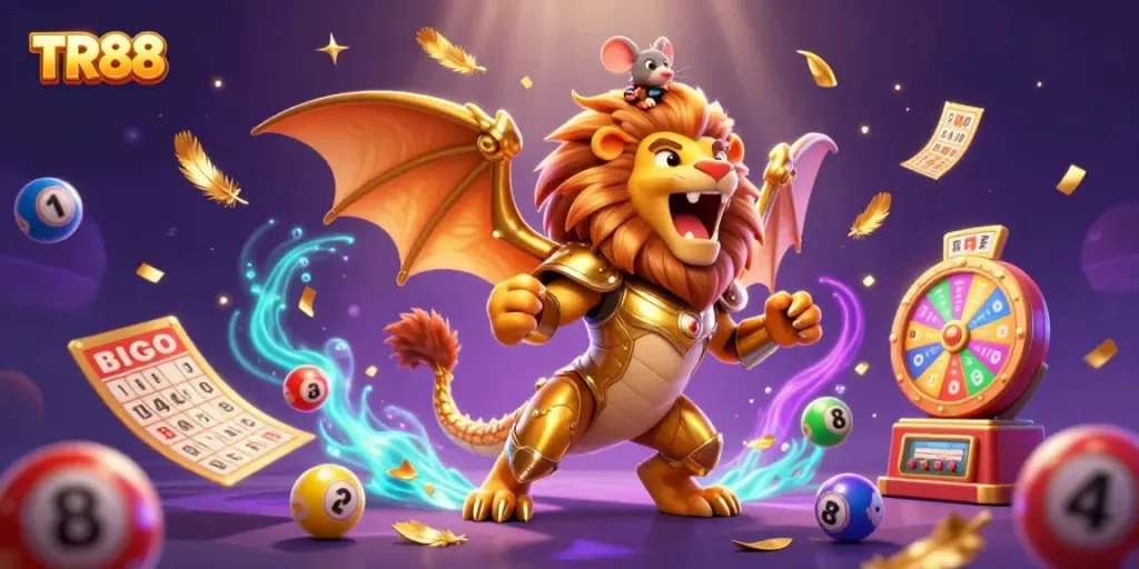 Experience TR88 with a fantastical chimera and vibrant casino game elements in a colorful dynamic scene.