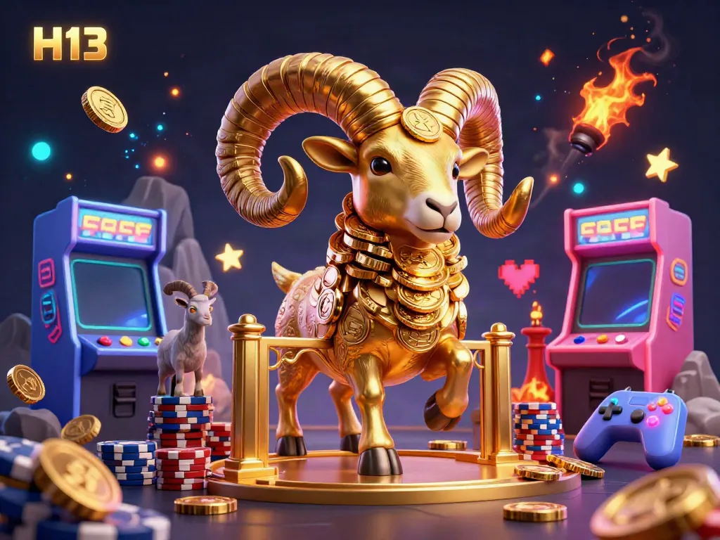 Experience the thrill of H13's online gaming with a golden ram charging through a casino-themed 3D scene filled with vibrant game elements.