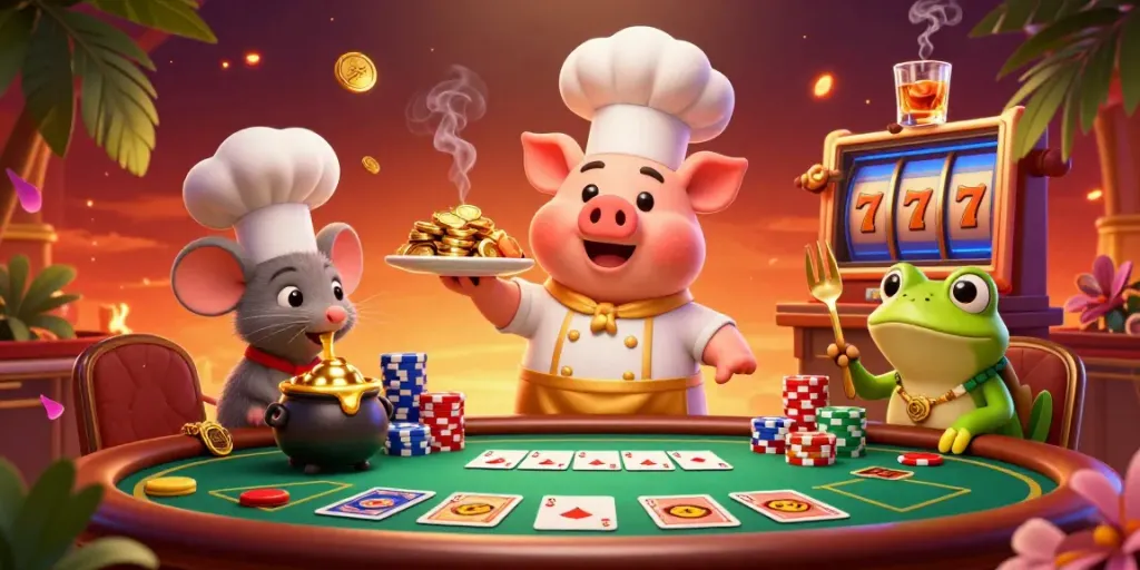 Experience nohu90's lively casino scene with characters celebrating winnings amid vibrant game elements.
