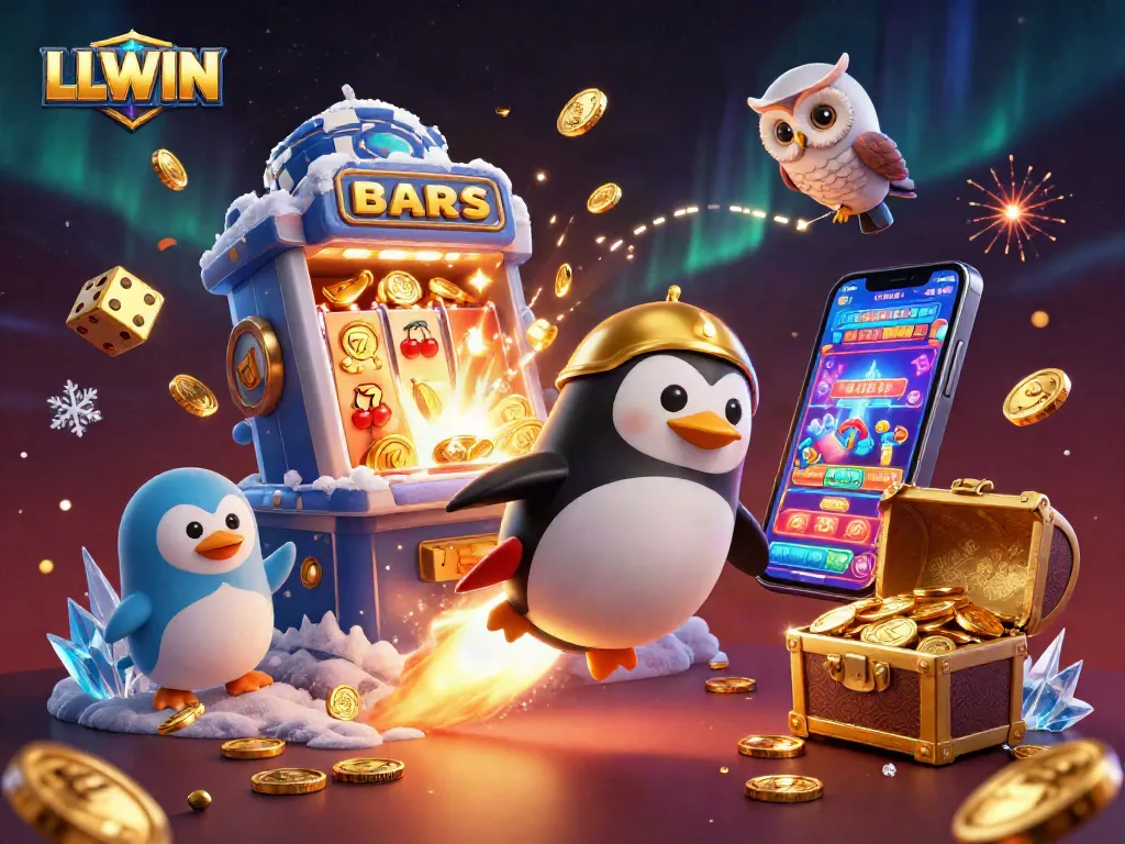 LLWIN casino-themed illustration depicting a golden penguin and slot machine, showcasing thrilling gaming elements.