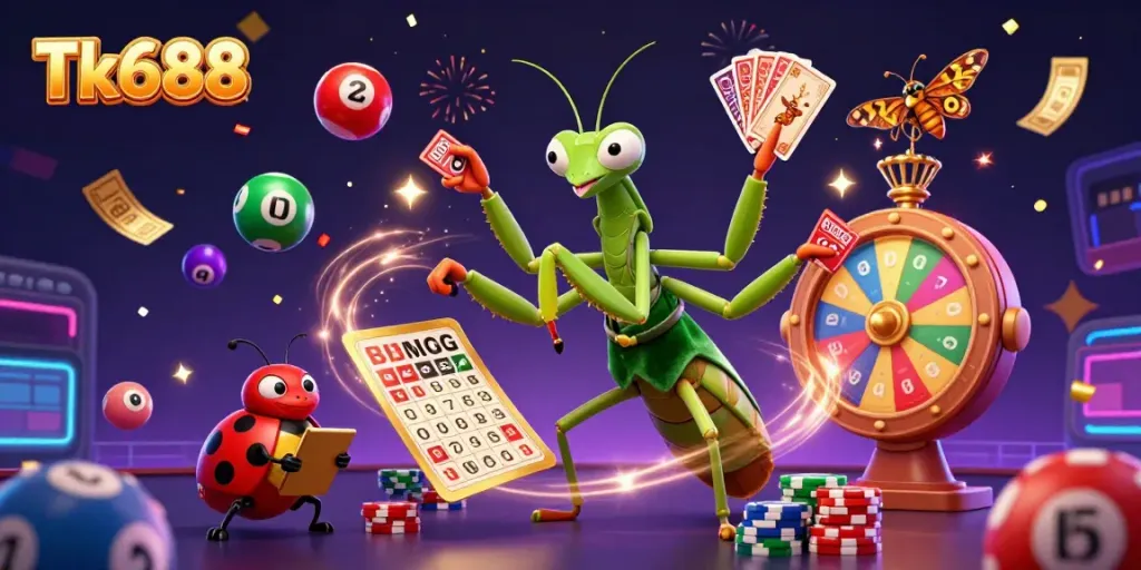 Experience the excitement of Tk688 through a vibrant 3D illustration of a praying mantis card sharp and a ladybug pit boss amidst colorful lottery elements.