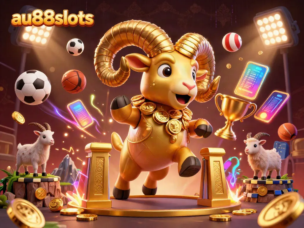 Engage with au88slots through a vibrant 3D casino scene featuring a golden ram charging through a dynamic celebration of sport.