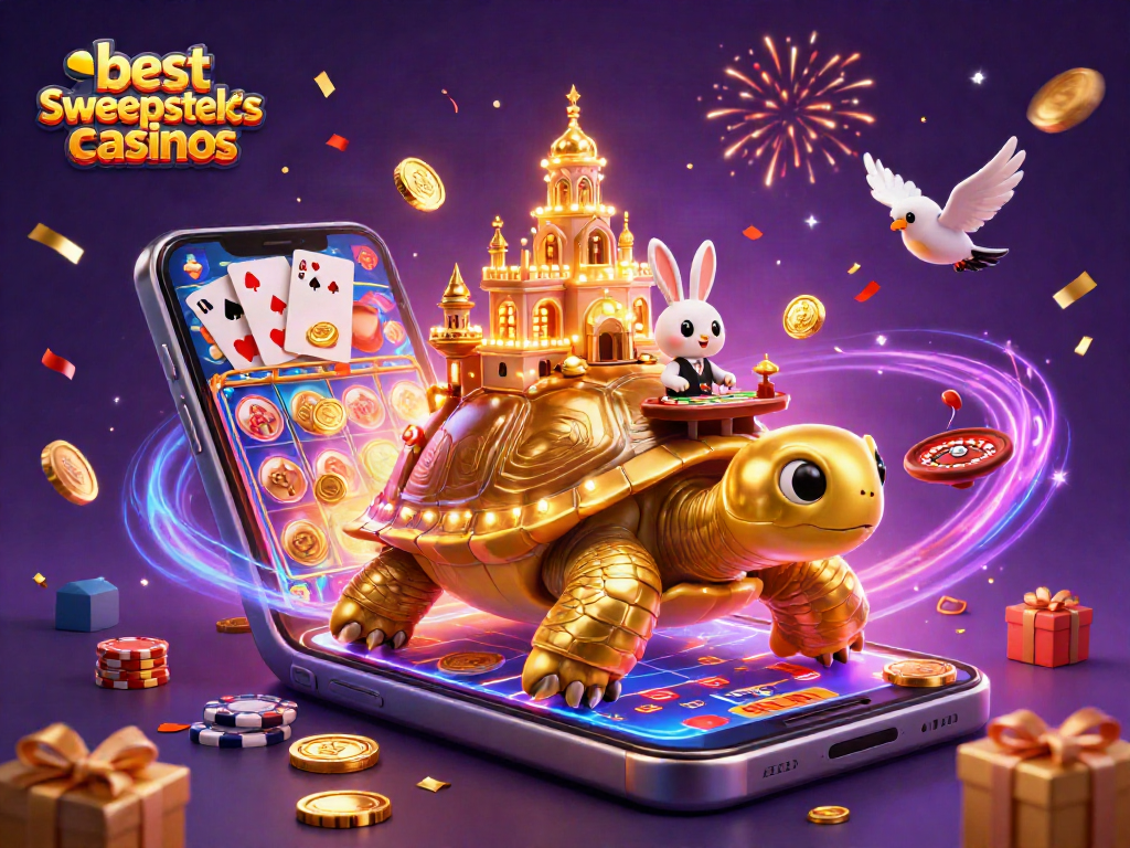 Experience the excitement of the best sweepstakes casinos with golden tortoise and vibrant gambling elements