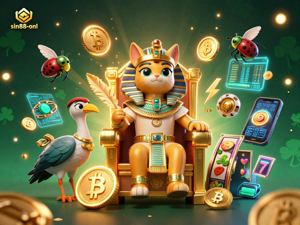 Join the thrilling action at sin88-onl as an Egyptian pharaoh cat reigns over a vibrant casino landscape.