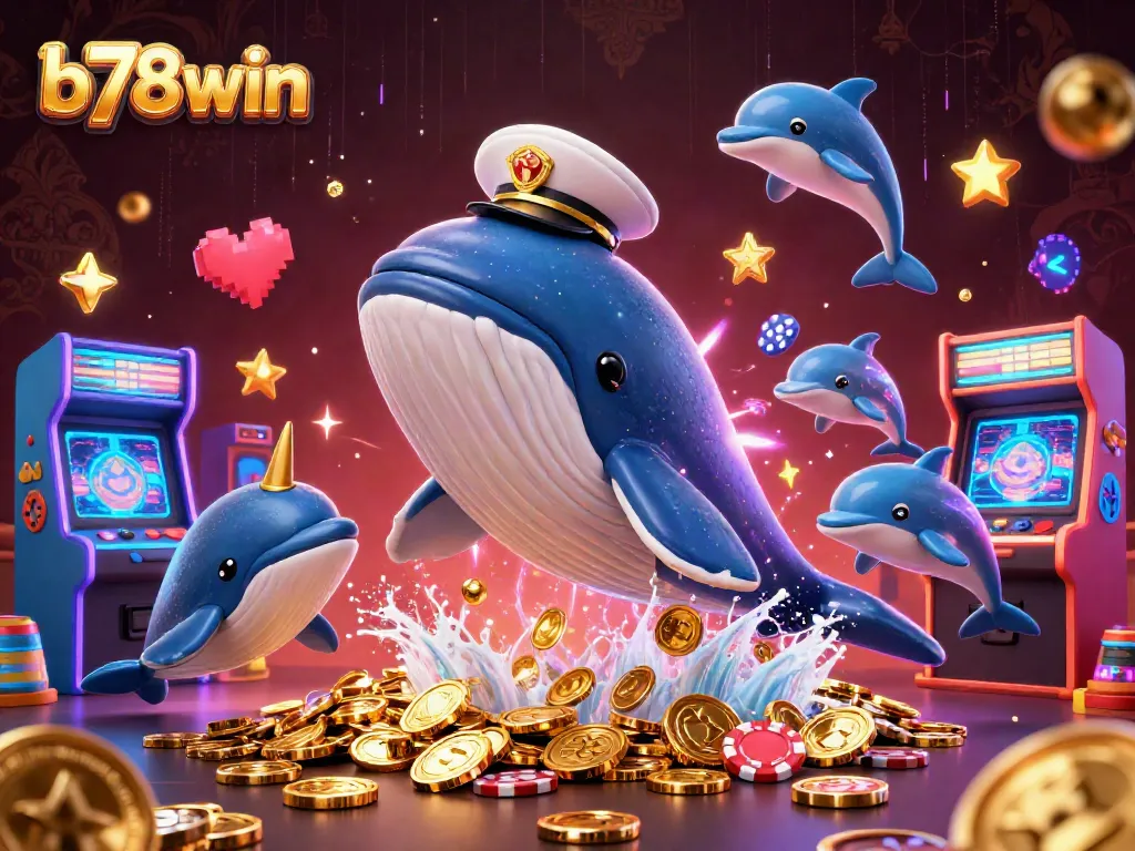 Experience the thrill of b78win with a vibrant 3D scene featuring a whale, narwhal, and playful dolphins amid casino elements.