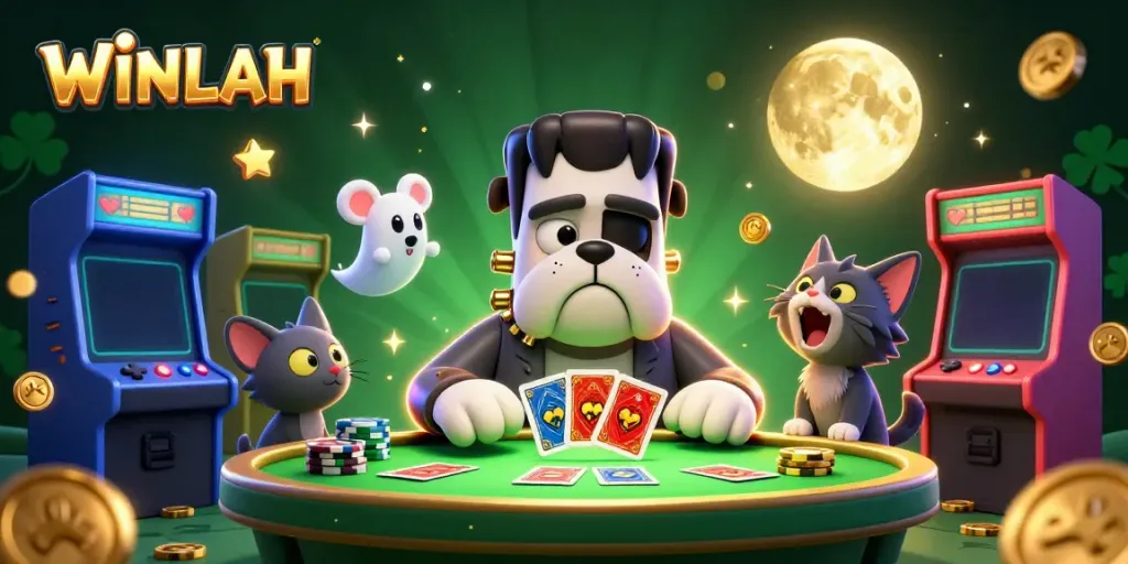 Play exciting card games at WINLAH with a ghost mouse and monster dealer in a vibrant casino scene.
