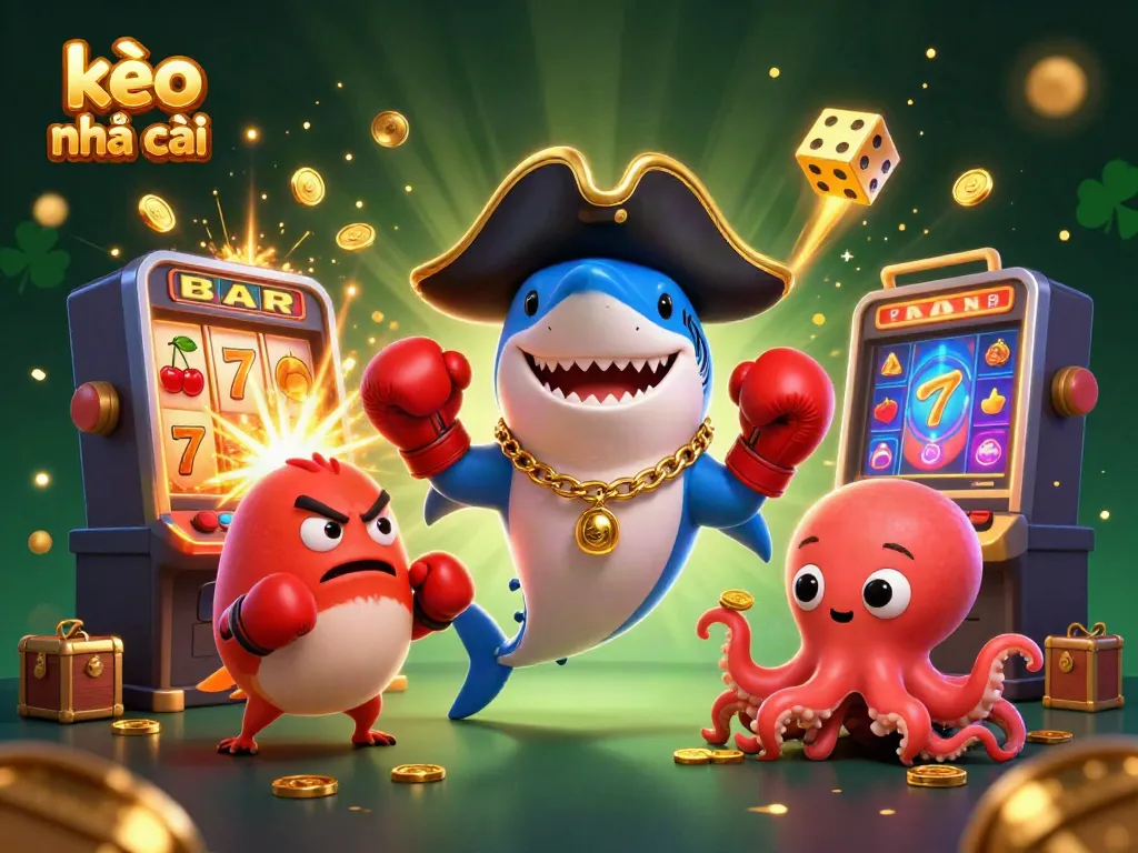 Win big with kèo nhà cái while enjoying a dynamic scene of cartoon casino characters and jackpot elements.