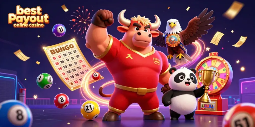 The best payout online casino features a triumphant bull mascot with a golden trophy and dynamic gaming elements.