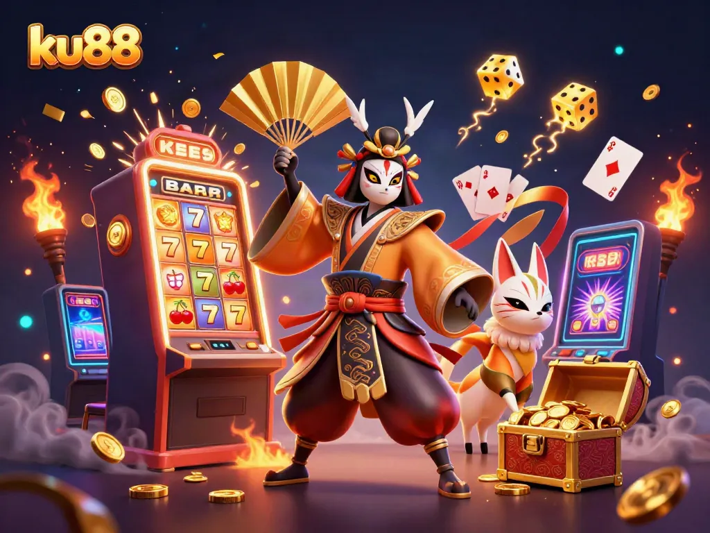 Experience thrilling casino action with ku88's vibrant and dynamic 3D illustration featuring a kabuki warrior.