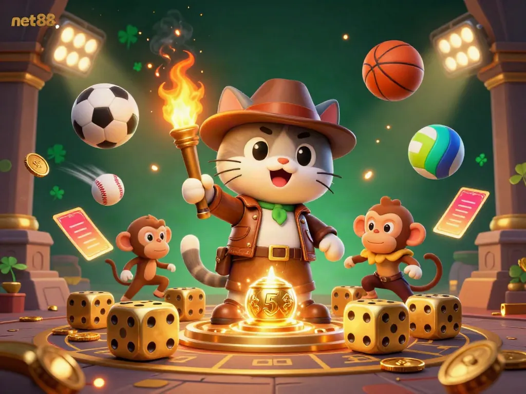 Engage with net88's vibrant gaming scene featuring an archaeologist cat discovering golden casino treasures amidst dynamic sports elements.