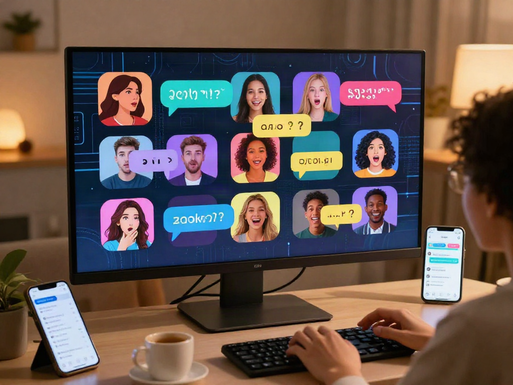 Engaging sex chat conversation between diverse avatars on a vibrant digital platform.
