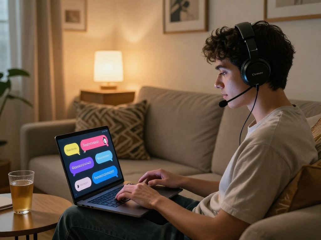 Engaging in ai sex chat within a cozy digital space, showcasing modern technology and intimate interactions.