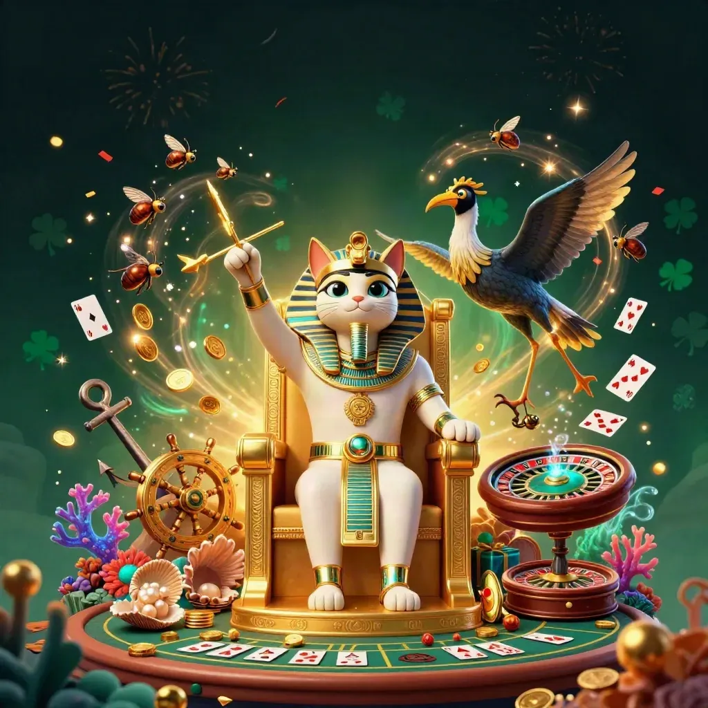 Pharaoh cat, ibis scribe, and gem-winged scarabs in a treasure cove with gold, coral, and casino magic.