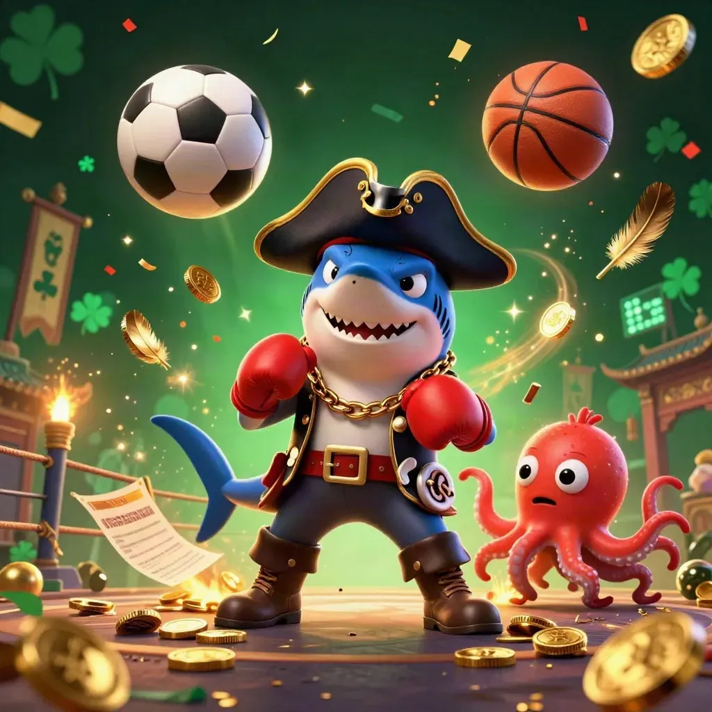 Pirate shark, boxing pufferfish, and coin-juggling octopus amid balls, coins, and casino glow.