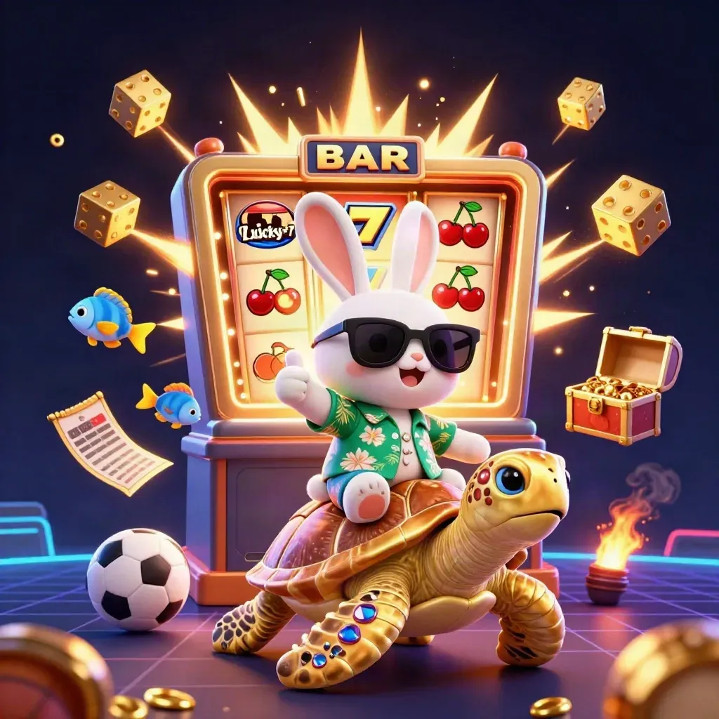 Lucky rabbit on golden turtle amid slot burst, dice, fish, and sports props.