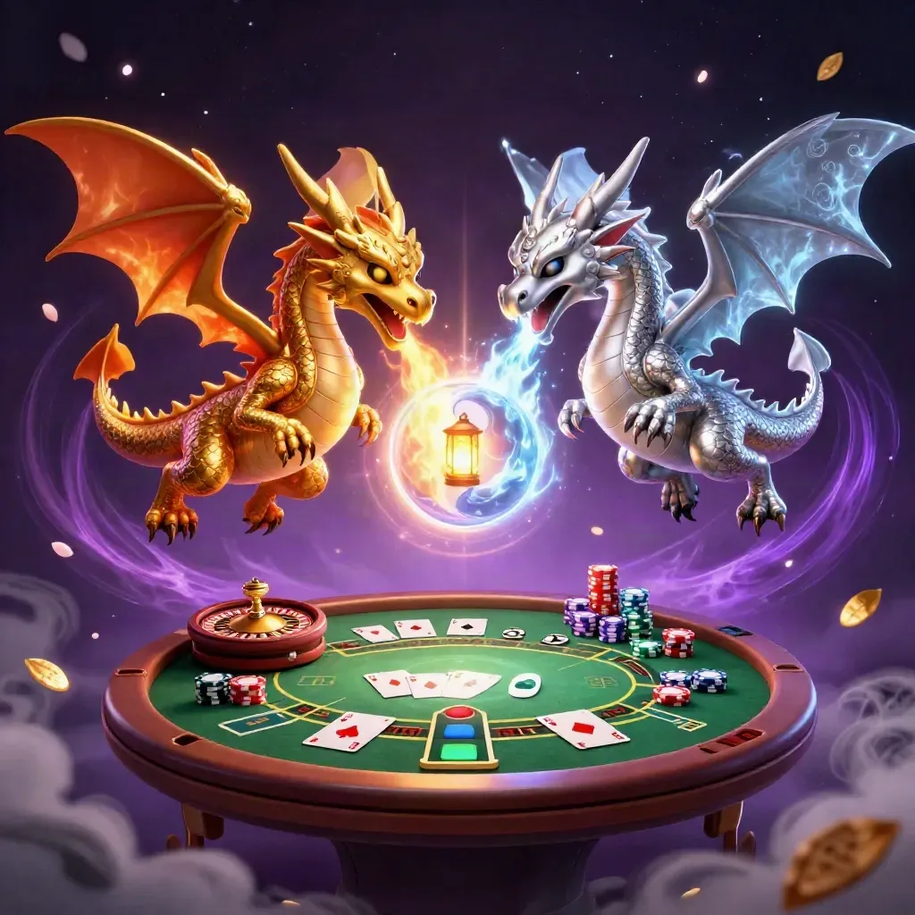 Twin gold and silver dragons spiral around casino props in a magical purple-gold storm.