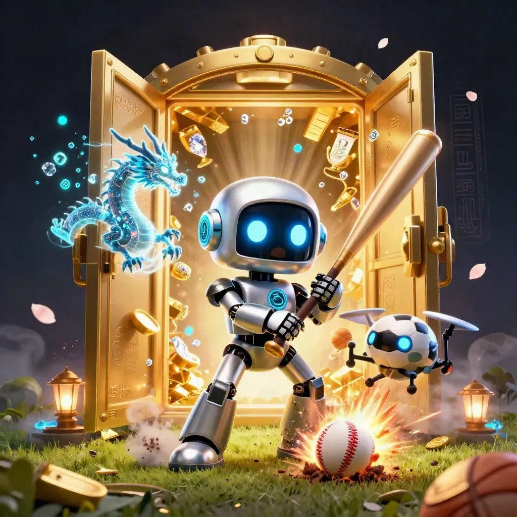 Robot, dragon, and drone amid baseball impact, vault gold burst, navy casino glow.