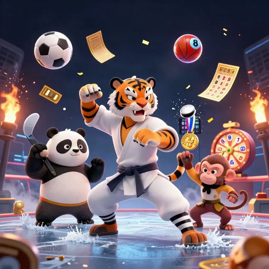 Kung-fu tiger, panda, and monkey amid casino games in a neon icy burst.