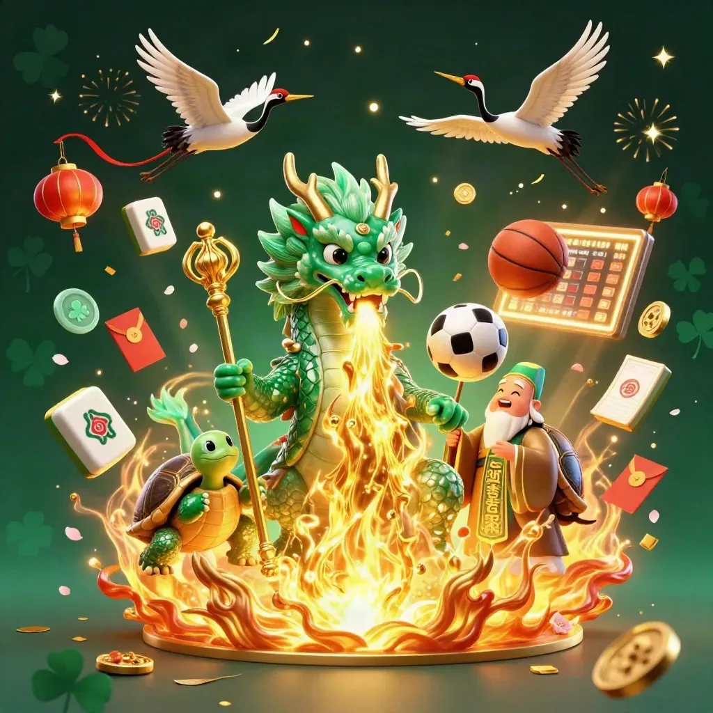 Emerald dragon, turtle sage, and cranes amid gold fire, sports balls, and casino glow.