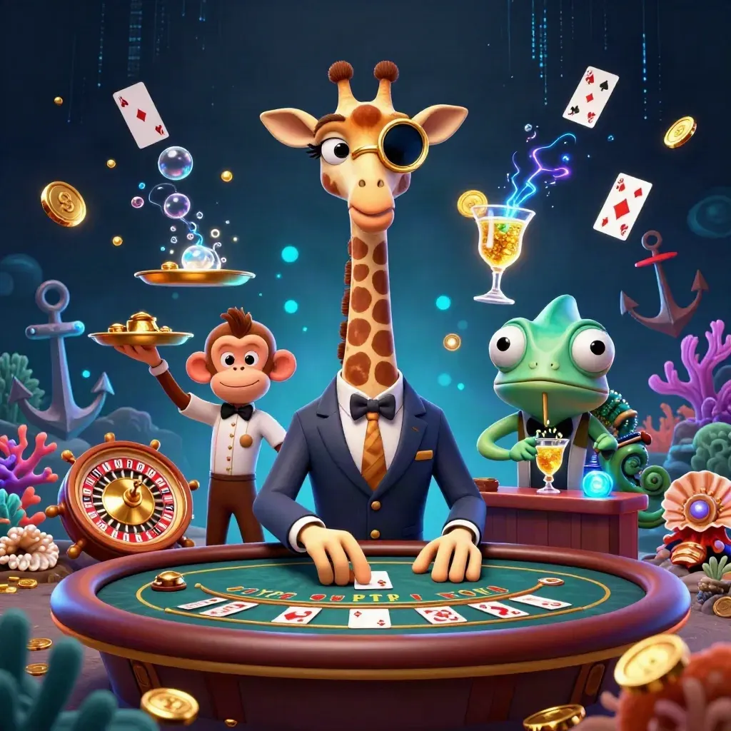 Giraffe, monkey, and chameleon in a luxe casino treasure cove with glowing effects.