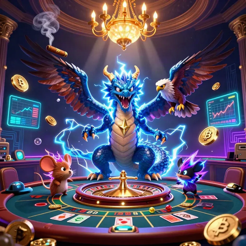Thunder dragon, wind hawk, and thunder-mouse in a luxe neon casino room with glowing coins.