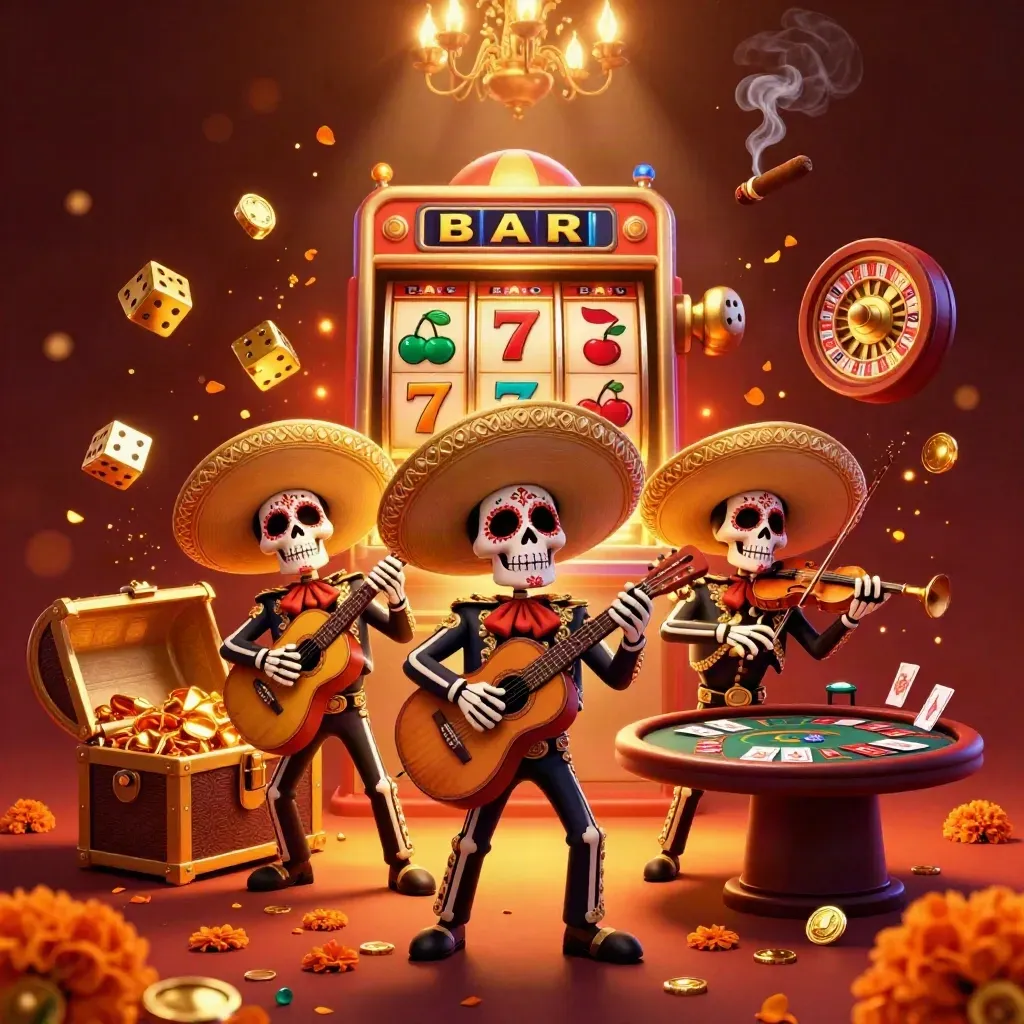 Skeleton mariachi trio amid a glowing casino burst of slots, dice, gold, and ember-lit luxury