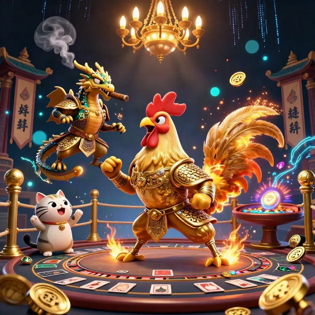 Rooster warrior, dragon hatchling, and fortune cat amid luxe casino glow and sparks.