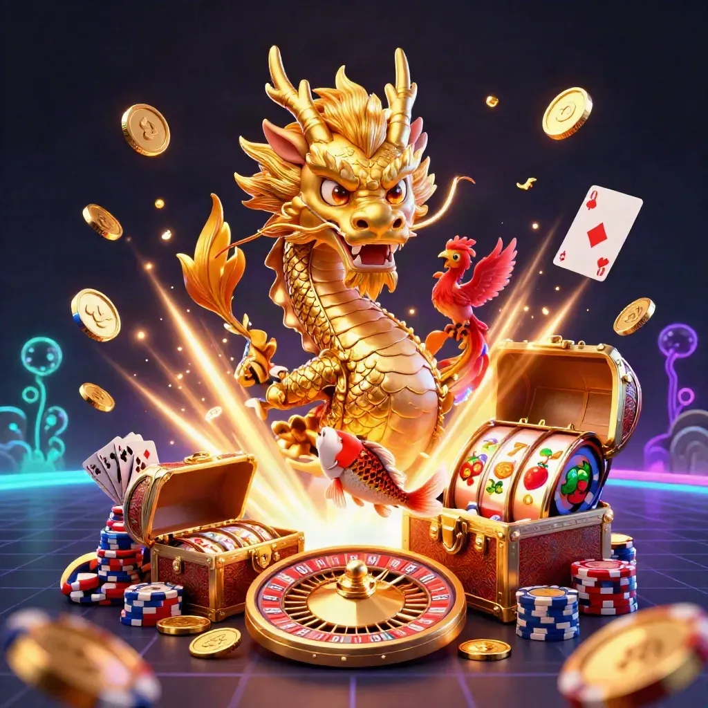 Golden dragon, phoenix, koi and casino treasures burst in neon key art.